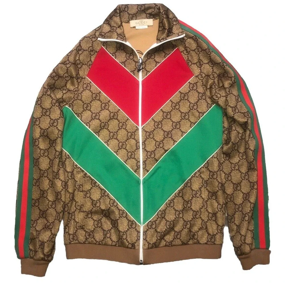 Gucci Monogram Track Jacket Technical Jersey W/Web Print Unisex M Vtg Camel NEW‎